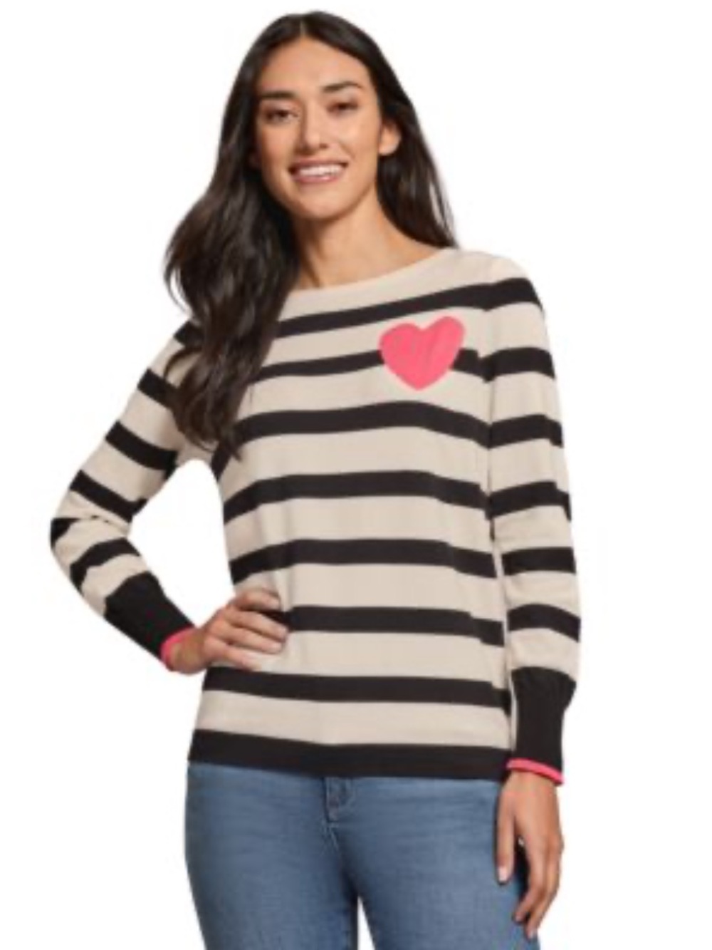 •JONES NEW YORK• Striped IntarsiaHeart Sweater cream/black/pink >> sz XL NWT